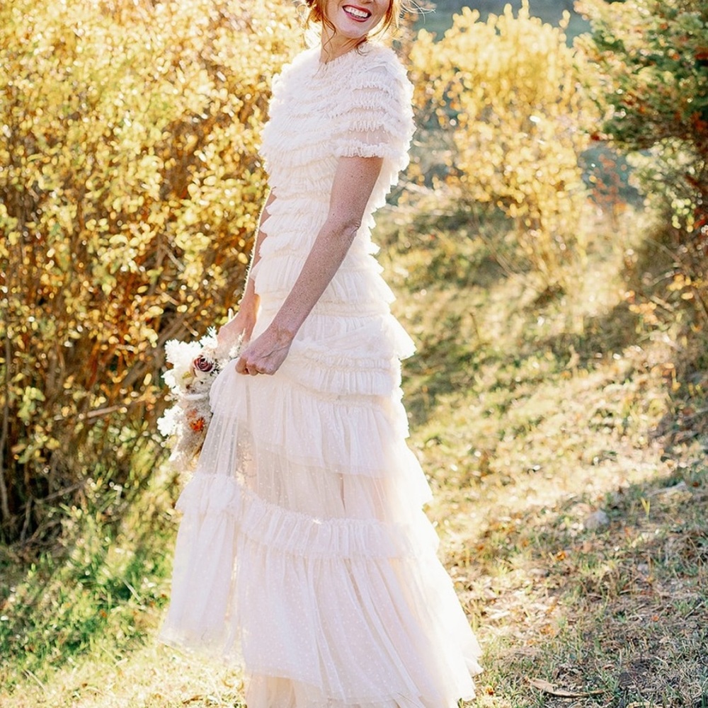 Bridal Ruffle Gown, Minimalist Wedding Dress, size 0/2